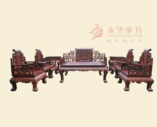 永华红木家具 老挝大红酸枝古典沙发组合 豹脚卷书沙发