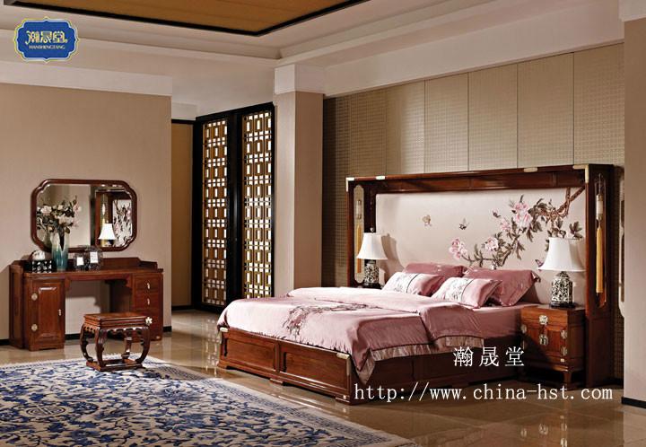 瀚晟堂红木家具蝶恋花新中式大床，新中式红木大床，大果紫檀床