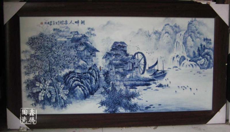 供应青花山水瓷板画，手绘图案陶瓷瓷板画