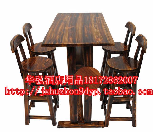 江西酒吧桌椅厂，碳化木碳烧木酒吧桌高脚椅凳，定做酒柜酒厨吧台吧凳吧椅图片
